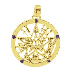 Colgante oro 18k tetragramatón 37mm. amuleto piedras moradas protección esotérico