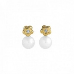 Pendientes oro 18k mujer 9 mm. perlas cultivadas 5 mm. diamantes 0.02ct. forma flor cierre automático
