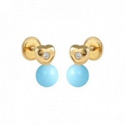 Pendientes oro 18k niña 8.5 mm. turquesas 5 mm. combinadas forma corazón diamantes centro 0.02ct.