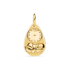 Medalla colgante oro 9k unisex 19 mm. Silueta bebé reloj forma gota mate brillo