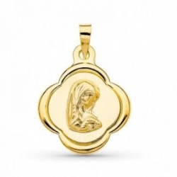 Virgen Niña medalla oro 18k niña 23 mm. forma flor Primera Comunión bordes relieve