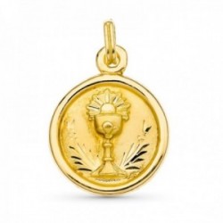 Cáliz Primera Comunión medalla oro 18k unisex 20 mm. detallese tallados bisel relieve