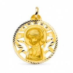 Virgen Niña medalla oro 18k niña 26 mm. Primera Comunión detalles tallados formas caladas