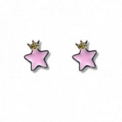 Pendientes plata Ley 925m niña 5 mm. estrella esmaltada rosa corona dorada tornillo