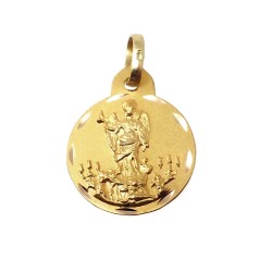 Escapulario San Rafael y Virgen de los Dolores medalla oro 18k unisex 15 mm. detalles tallados bisel
