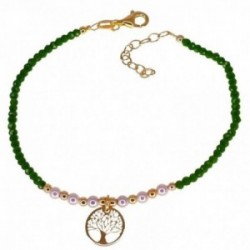 Pulsera plata Ley 925m chapada oro mujer 17 cm. piedras verdes combinadas perlas árbol vida 10 mm.