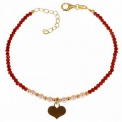 Pulsera plata Ley 925m chapada oro mujer 17 cm. piedras rojas combinadas perlas corazón 10 mm.