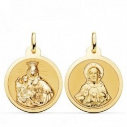 Escapulario Virgen del Carmen Corazón de Jesús medalla oro 18k unisex 24 mm. mate brillo bisel liso