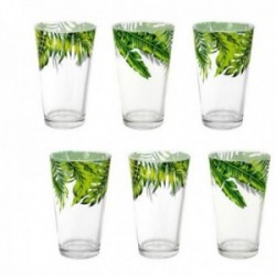 Pack seis vasos agua cristal 15 cm. Lisos detalle hojas grandes color verde 42.5 cl.