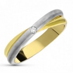 Sortija oro bicolor 18k mujer diamante brillante 0.03ct. centro hilos combinados
