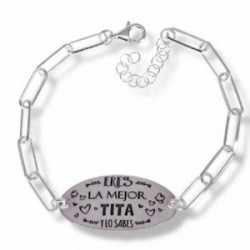 Pulsera plata Ley 925m mujer 18 cm. cadena forzada alargada detalle chapa ovalada 3.3 cm. mensaje