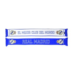Bufanda Real Madrid CF 2022-23 tela doble cara azul blanca tejida mensaje EL MEJOR CLUB DEL MUNDO
