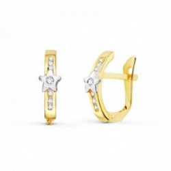 Pendientes oro bicolor 18k niña Primera Comunión 13 mm. barra vertical circonitas entrella centro