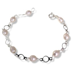 Pulsera Plata Ley 925m Primera Comunión 16 cm. niña 8 perlas combinadas formas redondas caladas