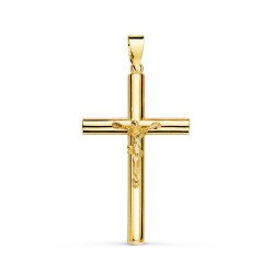 Colgante oro 18k cruz Cristo 32mm. palo redondo crucifijo unisex
