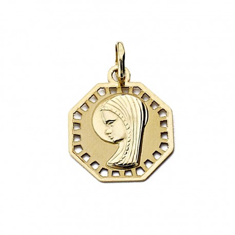 Medalla oro 18k Virgen Niña octagonal calada 17mm. [7698]