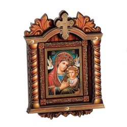 Virgen María Perpetuo Socorro icono 8 cm. niño Jesús Ángeles imagen fondo azul columnas cruz