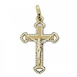 Crucifijo oro 18k Cristo cruz 27mm. borde tallado calado unisex centro liso
