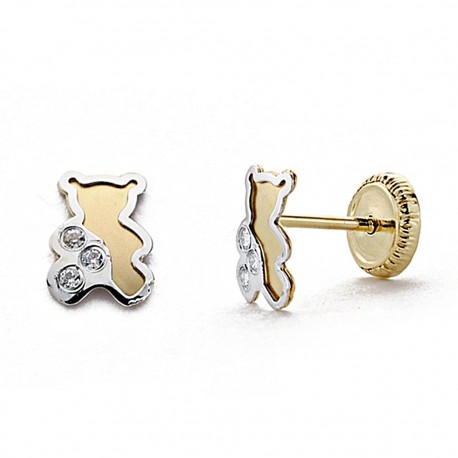 Pendientes oro 18k bicolor 6mm. circonita oso tornillo [8012]