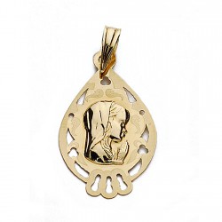 Medalla colgante oro 18k Virgen Niña 22mm. forma lágrima detalles calados centro talladas formas