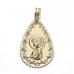 Medalla colgante oro 18k Virgen Niña 22mm. forma lágrima borde calado