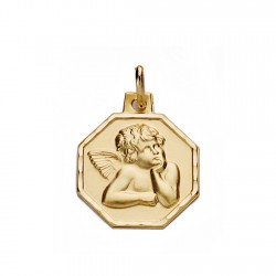 Medalla oro 18k angelito burlón 16mm. octogonal cerco