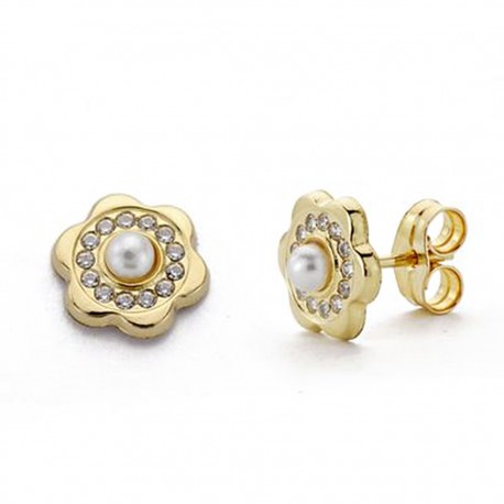 Pendientes oro 18k flor perla y circonitas 8mm. [AA0256]