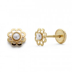 Pendientes oro 18k flor 5mm. perla cierre tornillo niña