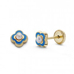 Pendientes oro 18k perla esmaltados azul 5mm. [AA0330]