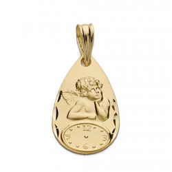 Medalla oro 18k angelito burlón reloj 19mm. hora nacimiento forma lágrima