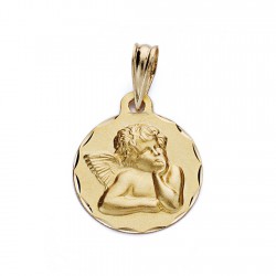 Medalla oro 9k angelito 14mm. colgante liso borde detalles calados