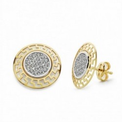 Pendientes oro 18k bicolor 12mm. redondos circonitas greca [AA2082]