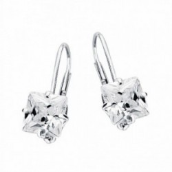 Pendientes oro blanco 18k piedra cuadrada 7mm. cierre hippie [AA2092]