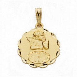 Medalla oro 18k ángel burlón Querubín reloj 19mm. forma flor pétalos tallados