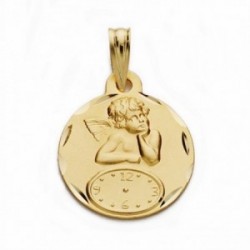 Medalla oro 18k ángel burlón Querubín reloj 15mm. redonda cerco tallado