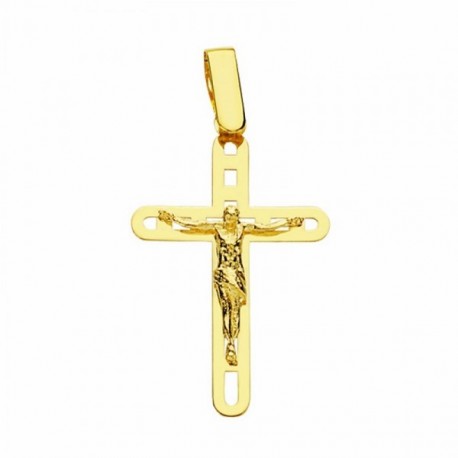 Cruz crucifijo oro 18k plana Cristo lisa 26mm. calada formas cuadradas redondeado unisex