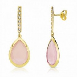 Pendientes oro 18k largos piedra rosa 33mm. cierre presión [AA2202]