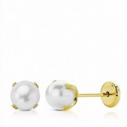 Pendientes oro 18k perla shell imitación 5mm. cierre tornillo niña
