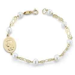 Pulsera oro 18k comunión perlas 5mm y medalla longitud 16cm [AA1981GR]