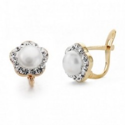 Pendientes oro 9k flor centro perla circonitas 9mm. comunión [AA7529]