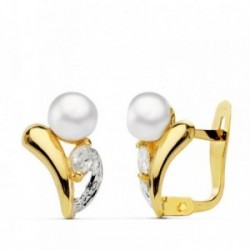 Pendientes oro bicolor 18k 11mm. perla circonita primera comunión niña cierre catalán