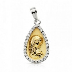Medalla oro bicolor 9k Virgen niña 18mm. lisa cerco circonitas forma gota