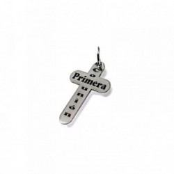 Cruz colgante plata Ley 925m 25mm. letras Primera Comunión oxidado lisa bordes redondeados