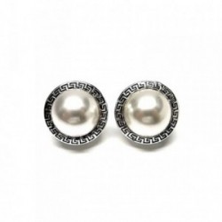 Pendientes plata Ley 925m oxidados 17mm. greca perla cierre omega mujer