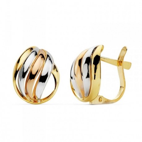 Pendientes oro 18k tricolor bandas lisas 12x9mm. [AB2375]