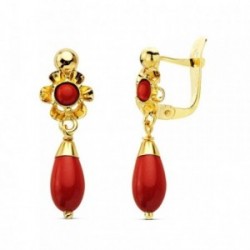 Pendientes oro 18k largos lágrima coral 22mm. cierre catalán niña