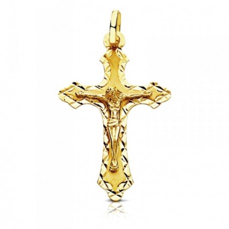 Colgante cruz crucifijo oro 18k Cristo 35mm. borde tallado terminaciones unisex