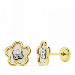 Pendientes oro 18k bicolor flor nácar 8mm. circonitas [AB4709]