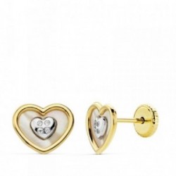Pendientes oro 18k bicolor corazón nácar circonitas [AB4710]