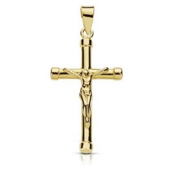 Crucifijo oro 18k Cristo cruz palo redondo terminaciones chatones unisex